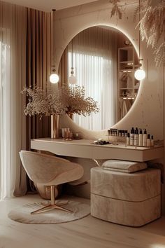 a bathroom with a vanity, stool and large round mirror in the middle of it