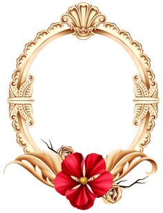 a gold frame with a red flower in the middle