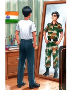 a man standing in front of a mirror next to a boy with his hands on his hips