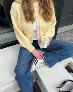 This yellow cardigan all spring long 💛 How To Style A Yellow Cardigan, Cardigan Outfit Colorful, Yellow Cardigan Aesthetic, Light Yellow Sweater Outfit, Yellow Cardigan Outfit Aesthetic, Yellow Cardigan Outfit Fall, Pastel Cardigan Outfit, Yellow Casual Outfit