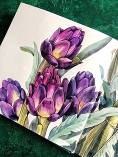 a painting of purple flowers with green leaves on the bottom right corner, and an image of two buds in the middle