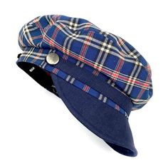 Classic and elegant blue tartan plaid sailor cap. Adorned with a ribbon of the same fabric as the visor and riveted with metallic buttons in old silver color.65 % polyester 35% linen. Cut and sewn on the bias with a quality tartan plaid fabric and finished with a very light cotton lining.The length of the visor is 4.5 centimeters.The back of the cap has a small eco-leather belt to adjust the measurement up to three centimeters less. It adapts very well to the head.For its production we use top q Navy Cotton Brimmed Hat, Navy Brimmed Hat For Outdoor, Navy Cotton Visor Hat, Navy Visor Hat For Summer, Adjustable Sailor Style Cap, Adjustable Sailor Cap, Blue Cloche Hat With Curved Brim, Casual Blue Brimmed Cloche Hat, Nautical Style Cap For Boating