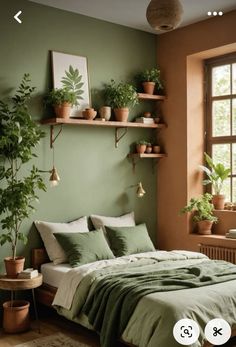 Green Wall Apartment Aesthetic, Green And Plants Bedroom, Save Green Walls, Terracotta And Green Interior Design, Painting Ideas Walls Living Room, Green Plant Bedroom Aesthetic, Olive Wall Bedroom, Brown And Green Room Decor, Planted Bedroom