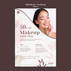 a flyer for a makeup shop with an image of a woman's face