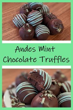 chocolate truffles are stacked on top of each other with white and green stripes