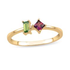 Remind her you are always by her side with this charming and personalized couple's baguette and princess-cut gemstone ring. Fashioned in your choice of metal This dainty design showcases the two simulated or natural gemstones you select - a 4.0 x 2.0mm baguette-cut stone and a tilted 3.0mm princess-cut stone - glistening side-by-side at the center. Lovely worn alone or stacked with her other favorite rings to create a unique look. Ring Inspo, Personalized Couple, Baguette Cut, Favorite Rings, Side By Side, Showcase Design, Sister Gifts, Princess Cut, Gemstone Ring