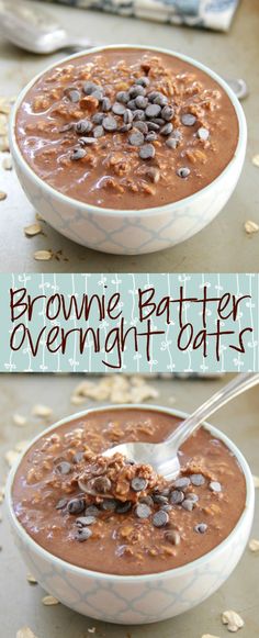 two bowls filled with brownie batter overnight oats and chocolate chips on the side