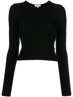 black stretch-cotton fine ribbed round neck long sleeves straight hem Black Longsleeves Outfit, Black Long Sleeve Outfit, Longsleeves Outfit, Long Black Shirt, Cute Black Shirts, Long Shirt Women, Black Shirts Women, Long Sleeve Outfits, Black Long Sleeve Shirt