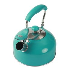 a teal colored kettle with a handle on the side and a black knob at the top