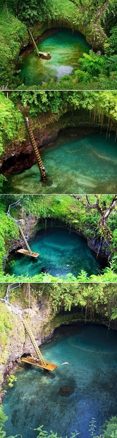 three different shots of the blue hole in new zealand