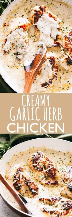 creamy garlic herb chicken is served in a white bowl and garnished with parsley