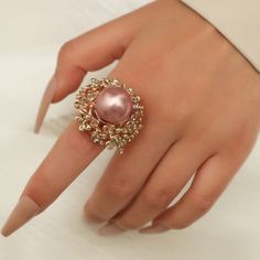 Big White Pearl Flower Ring WomenZircon Engagement Party Jewelry Pearl Flower Ring, Pink Pearl Ring, Pearl Wedding Ring, Ring Party Jewelry, Gold Finger Rings, Bridesmaid Rings, Big Pearl, Daily Jewelry, Big Rings