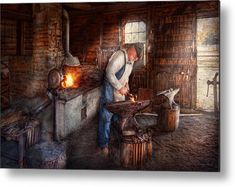 a painting of a man working in an old fashioned shop with wood and metal tools