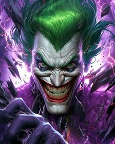 the joker with green hair and lightning in the background