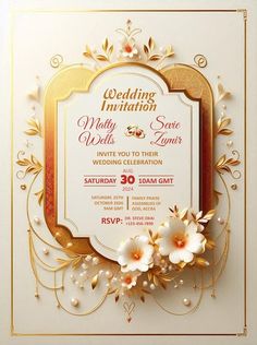 an elegant wedding card with flowers on it