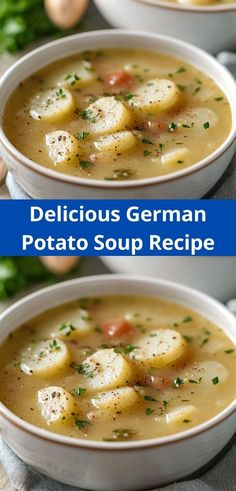 two bowls filled with soup and topped with dumplings