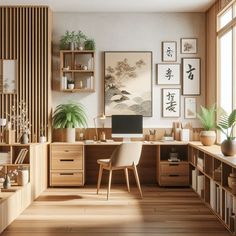 a home office with wooden shelves and plants on the desk, in front of a large window