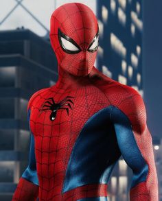 the amazing spider - man is standing in front of some tall buildings