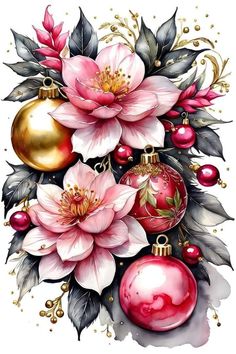 christmas ornaments and flowers with leaves on the bottom, one red ornament in the middle