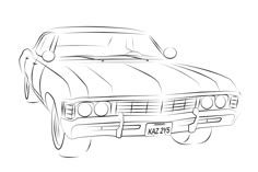 a black and white drawing of a car on a white background with the hood up