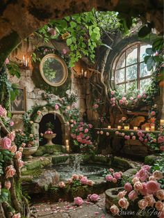 a room filled with lots of pink flowers and greenery next to a window covered in roses