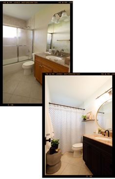 two pictures of a bathroom with toilet, sink and shower in one photo the other has a mirror on the wall