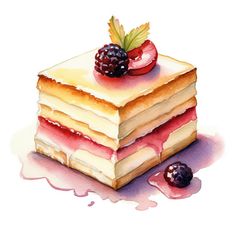 a piece of cake with raspberry and blackberry on top is shown in this watercolor painting