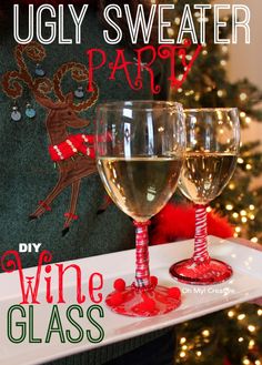 Ugly Christmas Sweater Party DIY Wine Glasses - OhMy-Creative.com Christmas Sweater Party Ideas, Ugly Christmas Sweater Party Ideas, Sweater Party Ideas, Tacky Christmas Party, Holiday Glassware, Diy Christmas Sweater, Best Ugly Christmas Sweater, Diy Ugly Christmas Sweater, Tacky Christmas Sweater