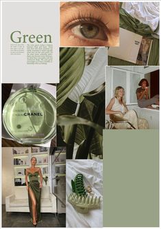 a collage of photos with green items in the middle and woman's eye