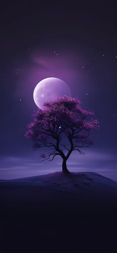 a tree with purple leaves in front of a full moon