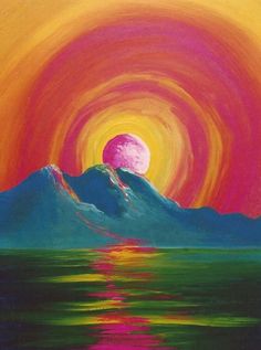 an acrylic painting of a sunset with mountains in the background and water below