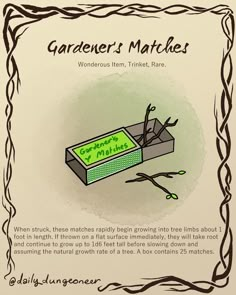 an advertisement for gardener's matches on the back of a box with scissors in it