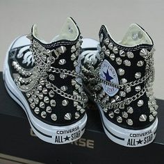 Find many great new & used options and get the best deals for Genuine CONVERSE with studs & chains All-star Chuck Taylor Sneakers Sheos at the best online prices at eBay! Free shipping for many products! Deku Shoes, Studded Converse, Grunge Shoes, Jordans Retro, Black And White Converse, Anime Foods, Converse Chucks, Goth Shoes, Dr Shoes