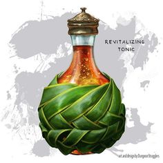 a painting of a glass bottle with green leaves in it and the words revitalizing tonic written below