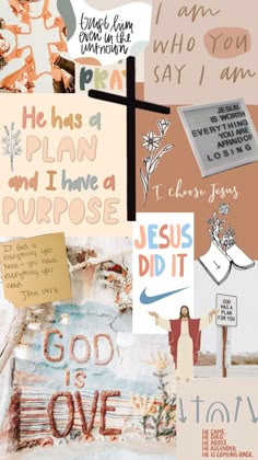 the collage has many different types of words and pictures on it, including jesus's cross