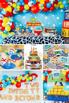 a birthday party with balloons, cake and decorations