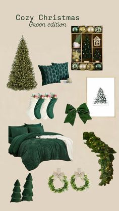 a christmas themed bedroom with green decor and decorations