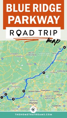 the blue ridge parkway road trip map with text overlaying it's image