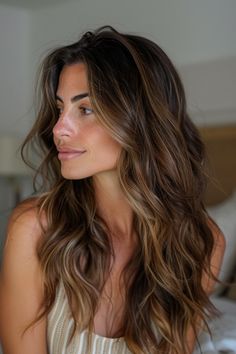 Woman with long, wavy brown hair looking to the side. Dark Brown Hair Root Melt, Loved In Brown Balayage, Dark Brown Hair Light Brown Balayage, Bronde Balayage Dark Hair, Melted Brunette Hair, Fall Dark Brown Hair Color, High Contrast Hair Color Dark, Demintional Brunette, Burnett Baylage Fall