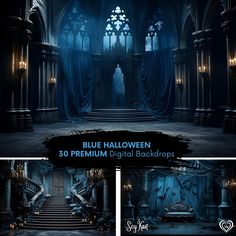 blue halloween background with stairs and lights