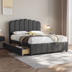 Full Size Upholstered Platform Bed with 4 Storage Drawers, Wood Slat Support Full Size Upholstered Bed, Modern Style Bed, Modern Upholstered Beds, Solid Wood Bed Frame, Wooden Platform Bed, Bed Storage Drawers, Padded Headboard, Wood Bed Frame, Solid Wood Bed