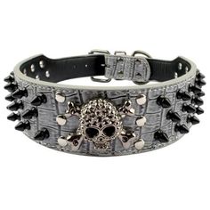 a black leather bracelet with skulls and spikes on the front, and a skull in the middle