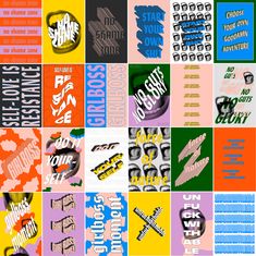 an assortment of typogramic posters with different colors