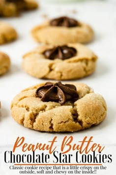 an advertisement for peanut butter chocolate star cookies on a white table with more cookies in the background