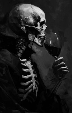 a painting of a skeleton holding a glass of wine