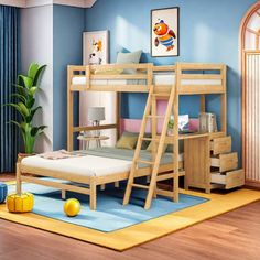 a child's bedroom with blue walls and wooden bunk beds