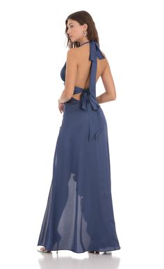 Satin Halter Ruffle Slit Dress in Blue | LUCY IN THE SKY Navy Blue Prom Dress, Satin Halter Dress, Ruffle Prom Dress, Halter Prom Dresses, Beach Wedding Guest Dress, Dark Blue Dress, Grad Dresses, Halterneck Dress, Prom Dresses Blue