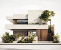 an architectural rendering of a modern house with trees and shrubs on the front porch area