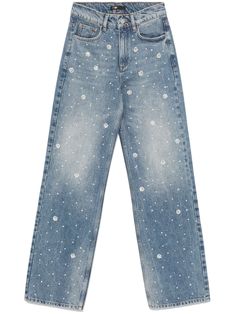 These Maje jeans feature a light blue faded effect, rhinestone and bead embellishments, and a wide leg. They also feature belt loops, a concealed fly and button fastening, a classic five-pocket design, and a logo patch to the rear. Denim Embellishment Ideas, Upcycle Inspiration, Maje Clothing, Cut Out Jeans, Rhinestone Denim, Rhinestone Jeans, Bead Embellishment, Wardrobe Sale, Leg Belt