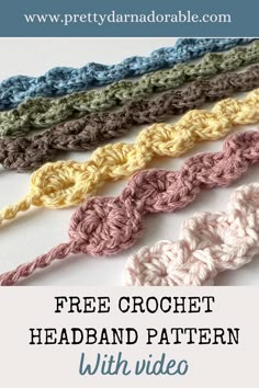 four crochet headbands with text overlay that reads free crochet headband pattern with video